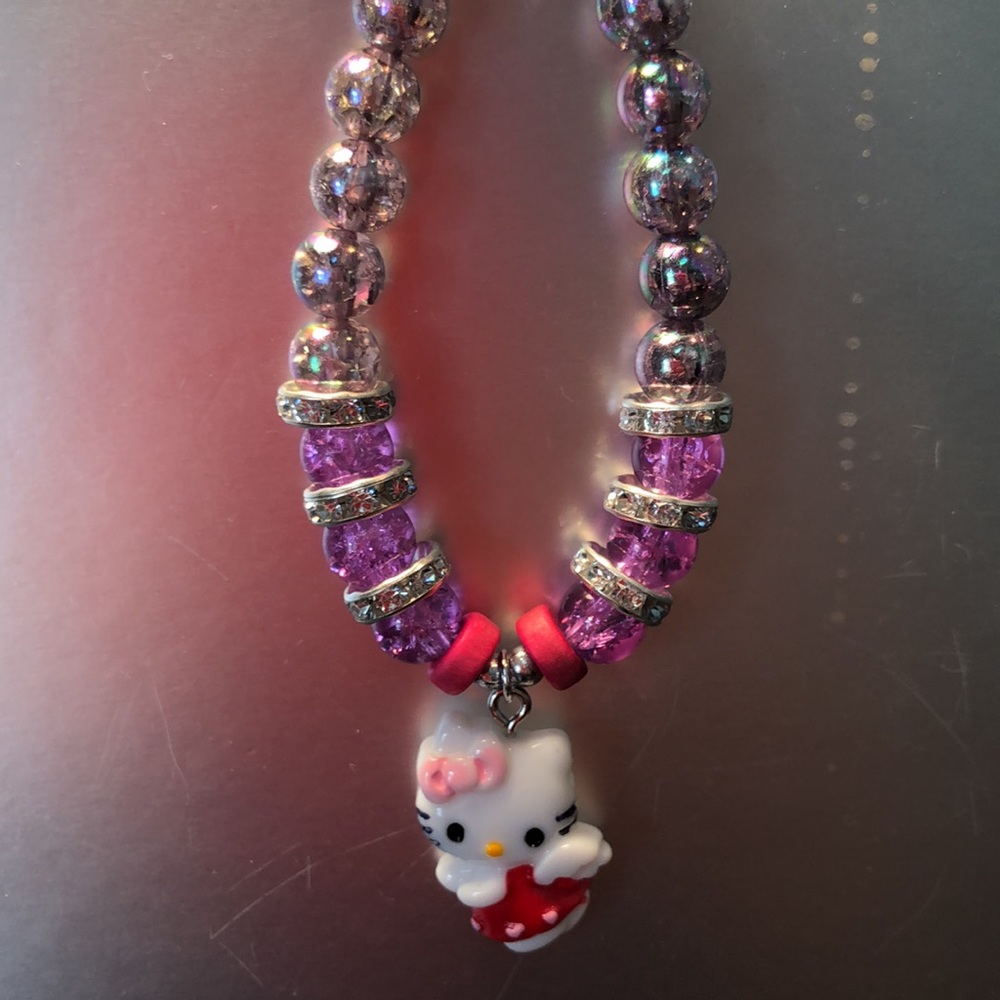 HAND CRAFTED jewelry purple pink clear glass beaded bracelet hello kitty charm - Picture 9 of 10